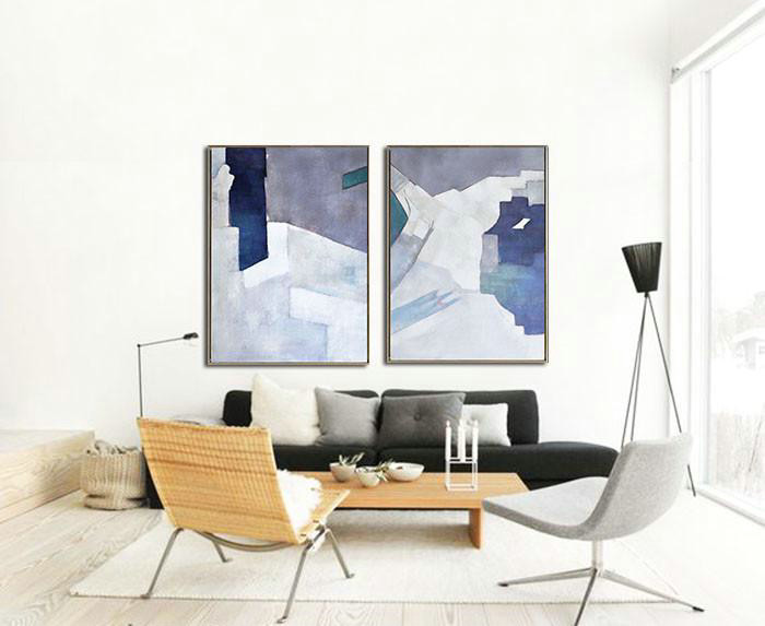 Abstract Painting Extra Large Canvas Art,Set Of 2 Contemporary Art On Canvas,Huge Abstract Canvas Art,White,Grey,Dark Blue.etc